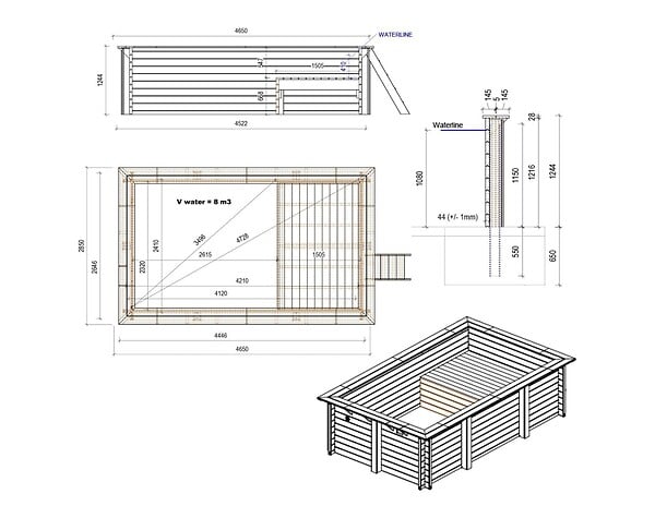ALTANKA - Piscine hors sol en bois AQUA 4.65 x 2.85 - H.1.24 m avec plage, bleu pâle, fixations à sceller - BAS7306OSPI+PLA306 - large