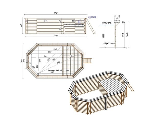 ALTANKA - Piscine hors sol en bois NEMO 5.79 x 3.49 - H.1.45 m avec plage, bleu pâle, fixations à sceller - BAS7304OSPI+PLA304 - large