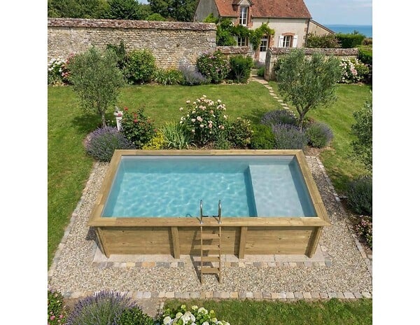 ALTANKA - Piscine hors sol en bois AQUA 6.1 x 2.85 - H.1.31 m avec plage, gris clair, fixations à sceller - BAS7307OSPI2+PLA307 - large