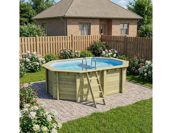 ALTANKA - Piscine hors sol en bois NEMO 4.3 x 3 - H.1.31 m avec plage, bleu pâle, cadre en métal - sans dalle - BAS7303OSPU+PLA303 - large