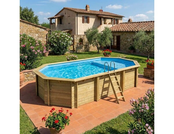ALTANKA - Piscine hors sol en bois NEMO 7.3 x 3.97 - H.1.45 m avec plage, bleu pâle, cadre en métal - sans dalle - BAS7305OSPU+PLA305 - large