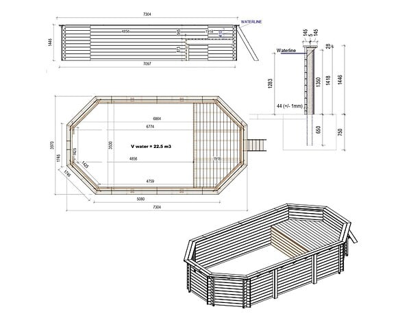 ALTANKA - Piscine hors sol en bois NEMO 7.3 x 3.97 - H.1.45 m avec plage, bleu pâle, cadre en métal - sans dalle - BAS7305OSPU+PLA305 - large