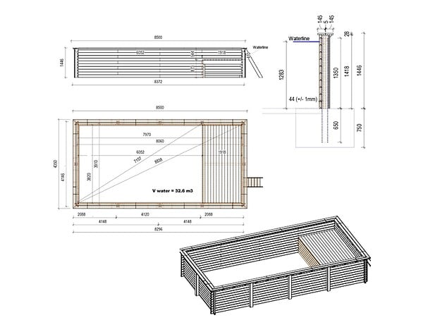 ALTANKA - Piscine hors sol en bois AQUA 8.5 x 4.35 - H.1.45 m avec plage, sable, fixations à sceller - BAS7309OSPI3+PLA309 - large