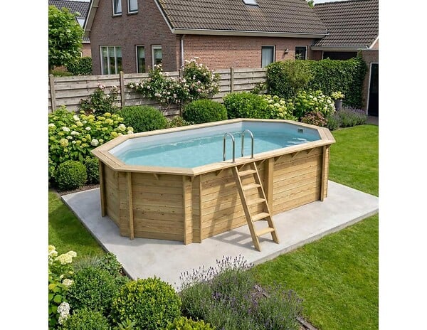 ALTANKA - Piscine hors sol en bois NEMO 5.79 x 3.49 - H.1.45 m, gris clair, cadre en métal - sans dalle - BAS7304OSPU2 - large
