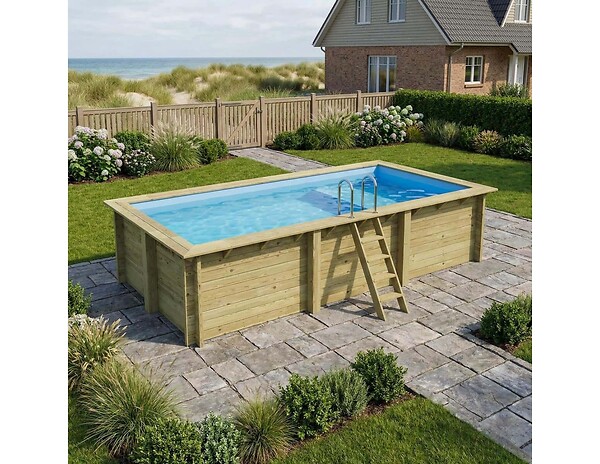 ALTANKA - Piscine hors sol en bois AQUA 6.1 x 2.85 - H.1.31 m avec plage, bleu pâle, cadre en métal - sans dalle - BAS7307OSPU+PLA307 - large