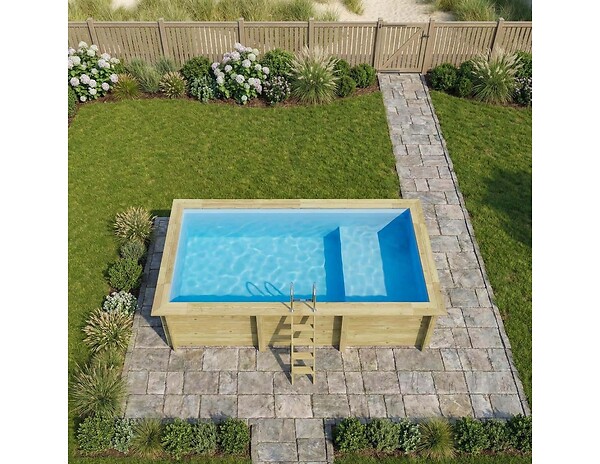 ALTANKA - Piscine hors sol en bois AQUA 6.1 x 2.85 - H.1.31 m avec plage, bleu pâle, cadre en métal - sans dalle - BAS7307OSPU+PLA307 - large