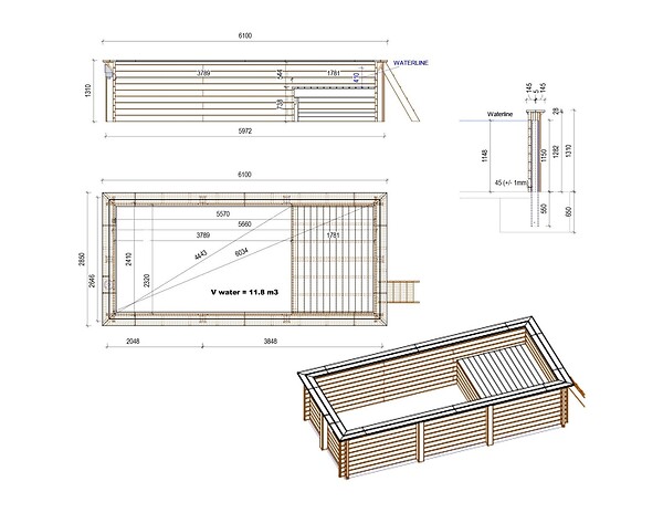 ALTANKA - Piscine hors sol en bois AQUA 6.1 x 2.85 - H.1.31 m avec plage, bleu pâle, cadre en métal - sans dalle - BAS7307OSPU+PLA307 - large
