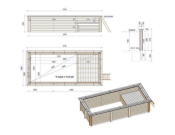 ALTANKA - Piscine hors sol en bois AQUA 6.1 x 2.85 - H.1.31 m avec plage, sable, fixations à sceller - BAS7307OSPI3+PLA307 - large