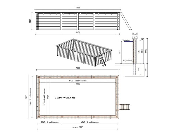 ALTANKA - Piscine hors sol en bois AQUA 7 x 3.75 - H.1.45 m, bleu pâle, fixations à visser - BAS7308OSPL - large