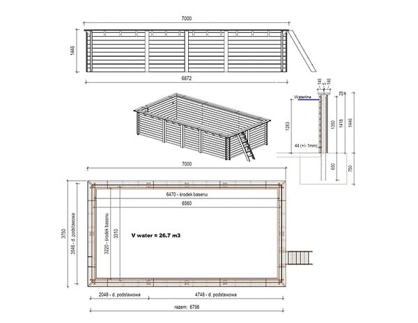 ALTANKA - Piscine hors sol en bois AQUA 7 x 3.75 - H.1.45 m, bleu pâle, fixations à sceller - BAS7308OSPI - large