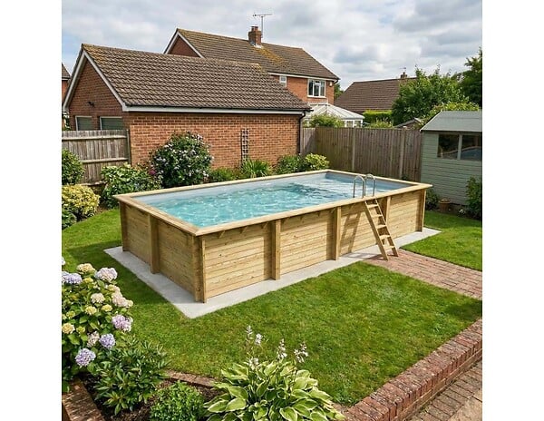 ALTANKA - Piscine hors sol en bois AQUA 8.5 x 4.35 - H.1.45 m avec plage, gris clair, cadre en métal - sans dalle - BAS7309OSPU2+PLA309 - large