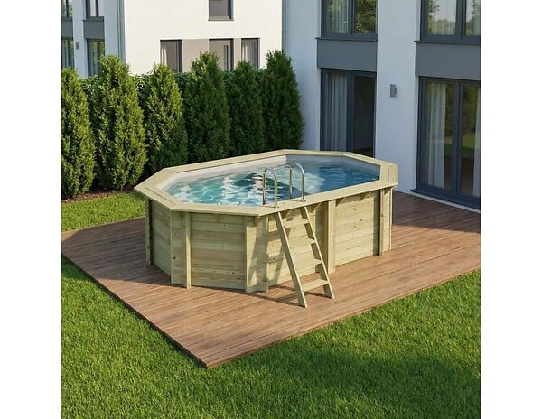 ALTANKA - Piscine hors sol en bois NEMO 4.3 x 3 - H.1.18 m avec plage, gris clair, fixations à sceller - BAS7302OSPI2+PLA302 - large