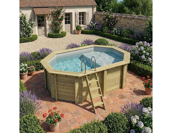 ALTANKA - Piscine hors sol en bois NEMO 4.3 x 3 - H.1.31 m avec plage, gris clair, cadre en métal - sans dalle - BAS7303OSPU2+PLA303 - large