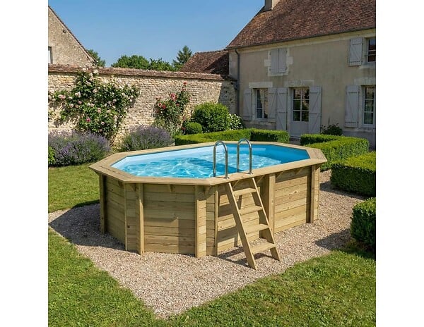 ALTANKA - Piscine hors sol en bois NEMO 4.3 x 3 - H.1.18 m avec plage, bleu pâle, cadre en métal - sans dalle - BAS7302OSPU+PLA302 - large