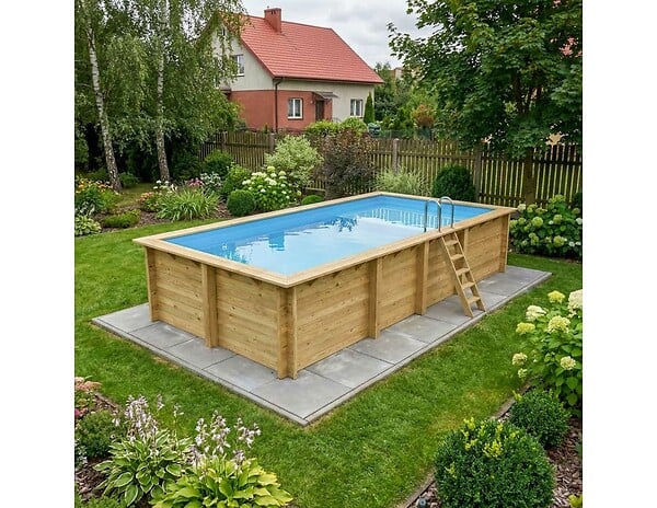 ALTANKA - Piscine hors sol en bois AQUA 7 x 3.75 - H.1.45 m avec plage, bleu pâle, cadre en métal - sans dalle - BAS7308OSPU+PLA308 - large