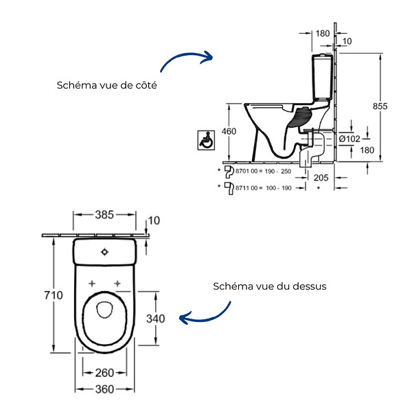 VILLEROY ET BOCH - WC à poser sans bride surélevé sortie horizontale O.novo avec abattant frein de chute + Nettoyant - large