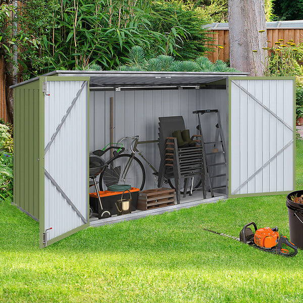 ID MARKET - Abri de jardin en métal vert olive verrouillable multi-rangement pour stockage vélos, outils, poubelles - large