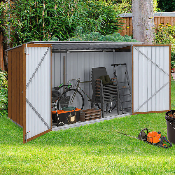 ID MARKET - Abri de jardin en métal effet bois verrouillable multi-rangement pour stockage vélos, outils, poubelles - large