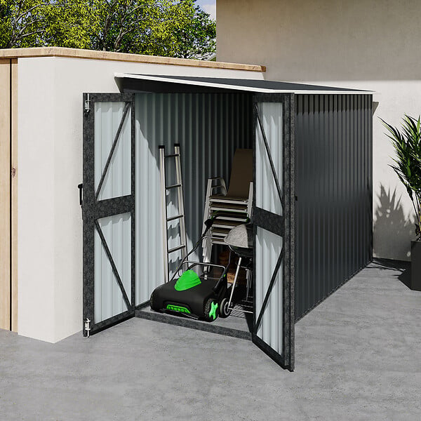 ID MARKET - Abri de jardin adossé 3 m² gris en acier galvanisé avec base double porte latérale - large