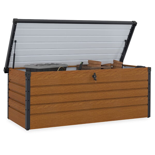 ID MARKET - Coffre de rangement métal verrouillable effet bois et gris pour jardin 600L 165x70x63 cm - large