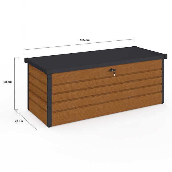 ID MARKET - Coffre de rangement métal verrouillable effet bois et gris pour jardin 600L 165x70x63 cm - large