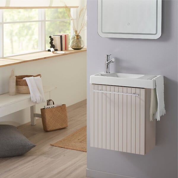 GODART - Meuble lave-mains strié Beige cachemire avec lave-mains et porte serviette intégré pour Robinet à gauche Solo - large