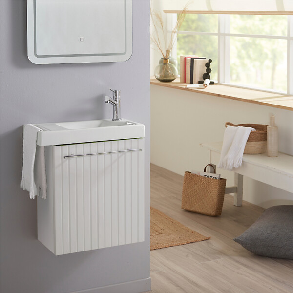GODART - Meuble lave-mains Strié Blanc mat avec porte serviette intégré pour Robinet à droite Solo - large
