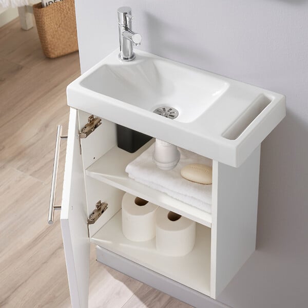 GODART - Meuble lave-mains strié Blanc mat avec lave-mains et porte serviette intégré pour Robinet à gauche Solo - large