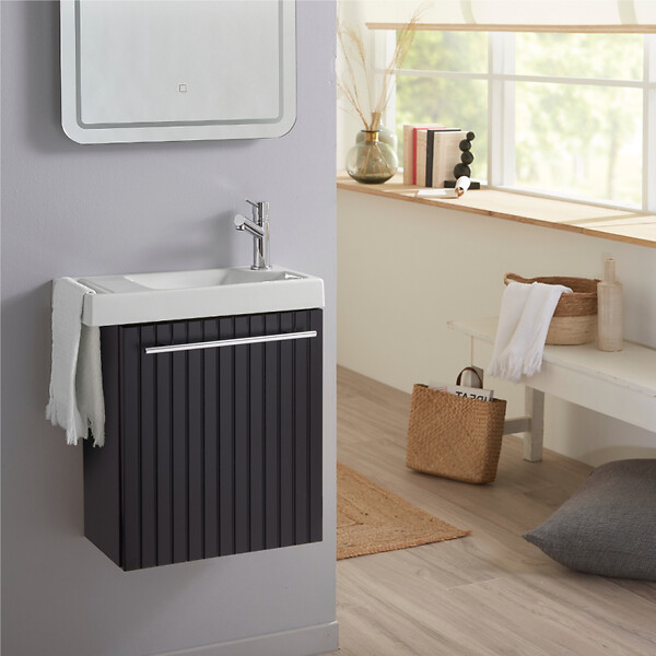 GODART - Meuble lave-mains Strié Noir mat avec porte serviette intégré pour Robinet à droite Solo - large