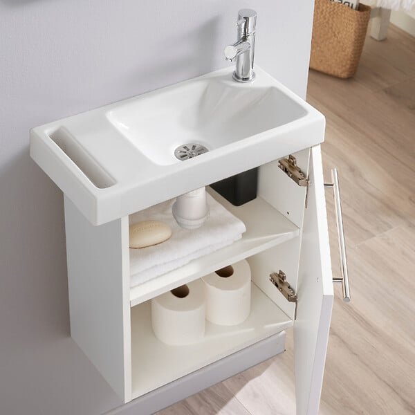 GODART - Pack lave-mains Blanc mat strié avec porte serviette - Robinetterie eau froide à droite - L.48 X H. 52.5 cm - Houston - large