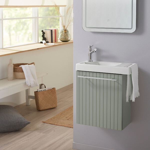 GODART - Meuble lave-mains strié Vert mat avec lave-mains et porte serviette intégré pour Robinet à gauche Solo - large