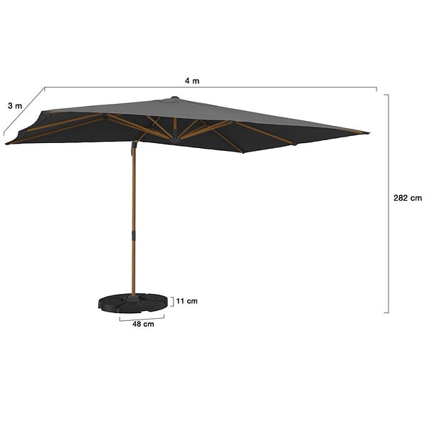 ID MARKET - Parasol déporté inclinable rotatif 360 CALVI mat effet bois et toile grise 3X4M avec housse - large