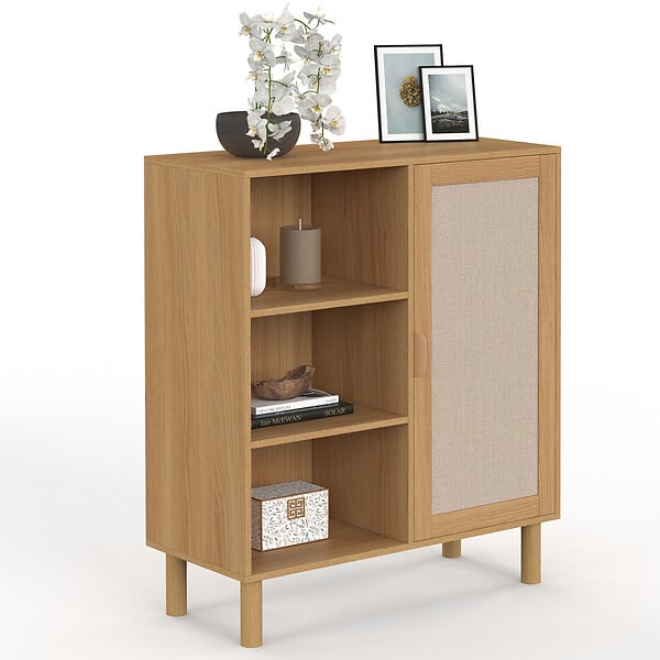 ID MARKET - Buffet d'appoint 3 étagères et placard 70 cm ROBIN meuble de rangement bois et tissu effet lin - large