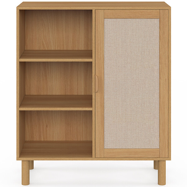 ID MARKET - Buffet d'appoint 3 étagères et placard 70 cm ROBIN meuble de rangement bois et tissu effet lin - large