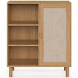 ID MARKET - Buffet d'appoint 3 étagères et placard 70 cm ROBIN meuble de rangement bois et tissu effet lin - vignette