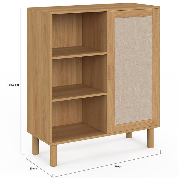 ID MARKET - Buffet d'appoint 3 étagères et placard 70 cm ROBIN meuble de rangement bois et tissu effet lin - large