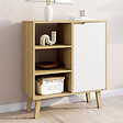 ID MARKET - Buffet d'appoint 3 étagères et placard 70 cm FINN blanc et bois façon hêtre - vignette