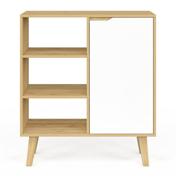 ID MARKET - Buffet d'appoint 3 étagères et placard 70 cm FINN blanc et bois façon hêtre - large