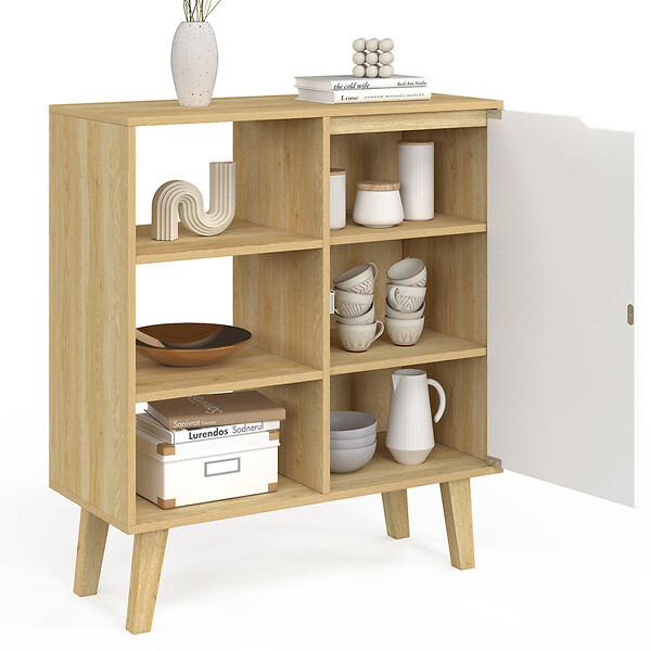 ID MARKET - Buffet d'appoint 3 étagères et placard 70 cm FINN blanc et bois façon hêtre - large