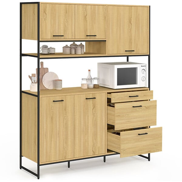 ID MARKET - Buffet casserolier de cuisine 140 cm DETROIT 5 portes + 3 tiroirs design industriel - large