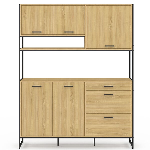 ID MARKET - Buffet casserolier de cuisine 140 cm DETROIT 5 portes + 3 tiroirs design industriel - large