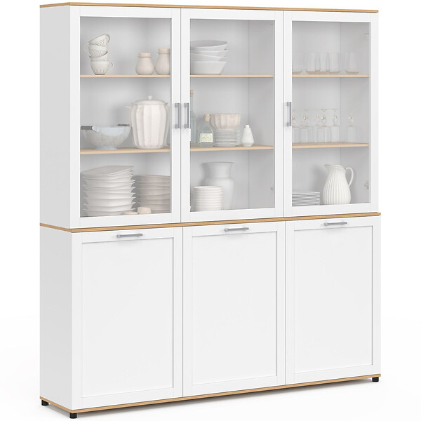 ID MARKET - Buffet vaisselier 160 cm VITO meuble de cuisine 6 portes blanc et bois - large