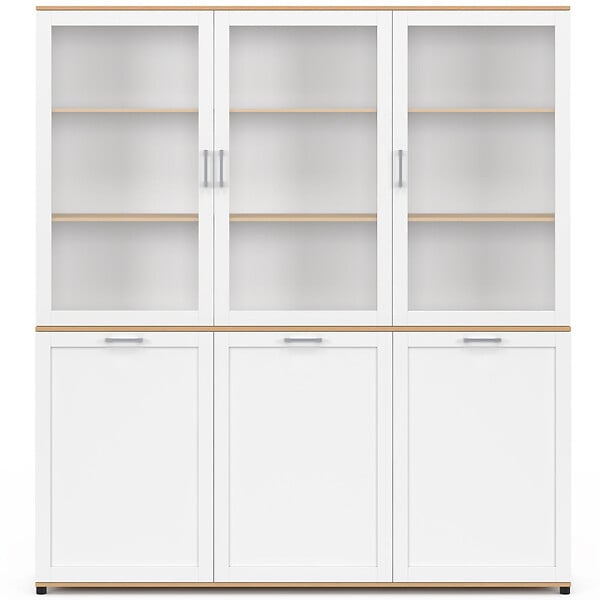 ID MARKET - Buffet vaisselier 160 cm VITO meuble de cuisine 6 portes blanc et bois - large