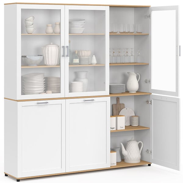 ID MARKET - Buffet vaisselier 160 cm VITO meuble de cuisine 6 portes blanc et bois - large