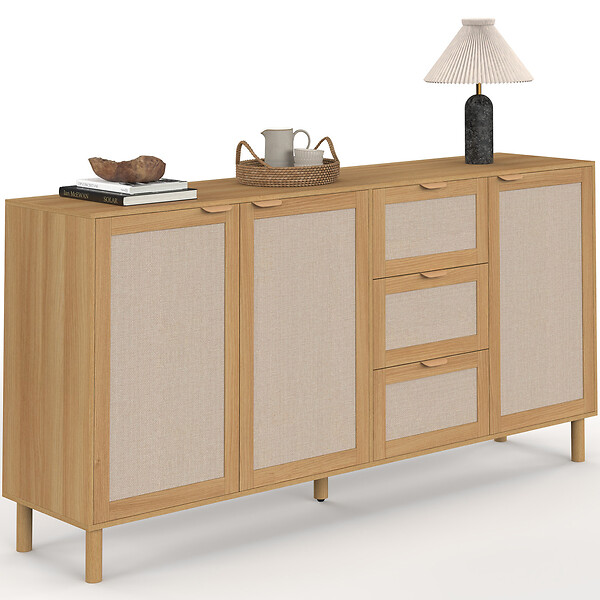 ID MARKET - Buffet 160 cm ROBIN 4 portes bois et effet lin - large