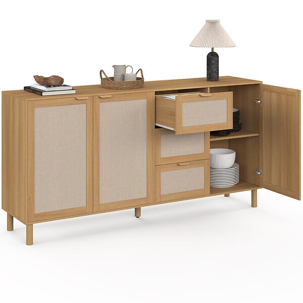 ID MARKET - Buffet 160 cm ROBIN 4 portes bois et effet lin - large