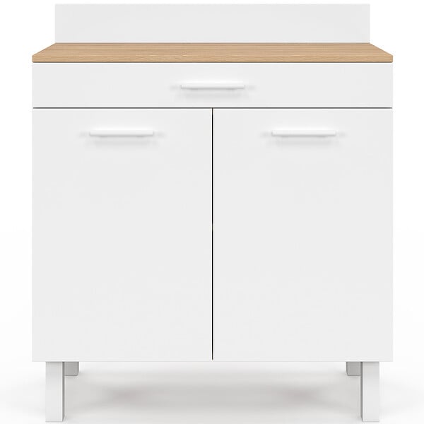 ID MARKET - Buffet bas de cuisine 80 cm CINA plan de travail H.83 cm 2 portes + tiroir façon hêtre et blanc - large