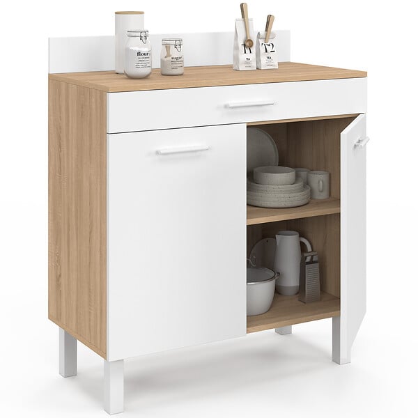 ID MARKET - Buffet bas de cuisine 80 cm CINA plan de travail H.83 cm 2 portes + tiroir façon hêtre et blanc - large