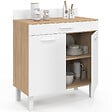 ID MARKET - Buffet bas de cuisine 80 cm CINA plan de travail H.83 cm 2 portes + tiroir façon hêtre et blanc - vignette