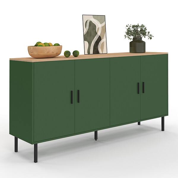 ID MARKET - Buffet 160 cm KELIA 4 portes vert kaki et plateau bois - large